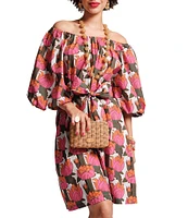 FRANCES VALENTINE Bliss Cotton Poplin Fireflower Print Scoop Neck 3/4 Sleeve Dress