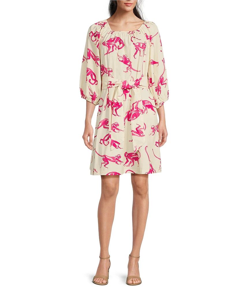 FRANCES VALENTINE Bliss Cotton Poplin Monkey Print Scoop Neck 3/4 Puff Sleeve Dress