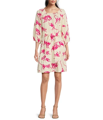 FRANCES VALENTINE Bliss Cotton Poplin Monkey Print Scoop Neck 3/4 Puff Sleeve Dress