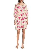 FRANCES VALENTINE Bliss Cotton Poplin Monkey Print Scoop Neck 3/4 Puff Sleeve Dress