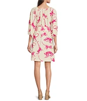 FRANCES VALENTINE Bliss Cotton Poplin Monkey Print Scoop Neck 3/4 Puff Sleeve Dress