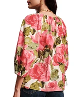 FRANCES VALENTINE Bliss Pretty Peonies Round Neck 3/4 Sleeve Blouse