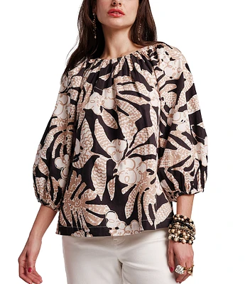 Frances Valentine Bliss Sketchy Jungle Print Elastic Crew Neck 3/4 Sleeve Top
