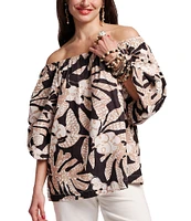 Frances Valentine Bliss Sketchy Jungle Print Elastic Crew Neck 3/4 Sleeve Top