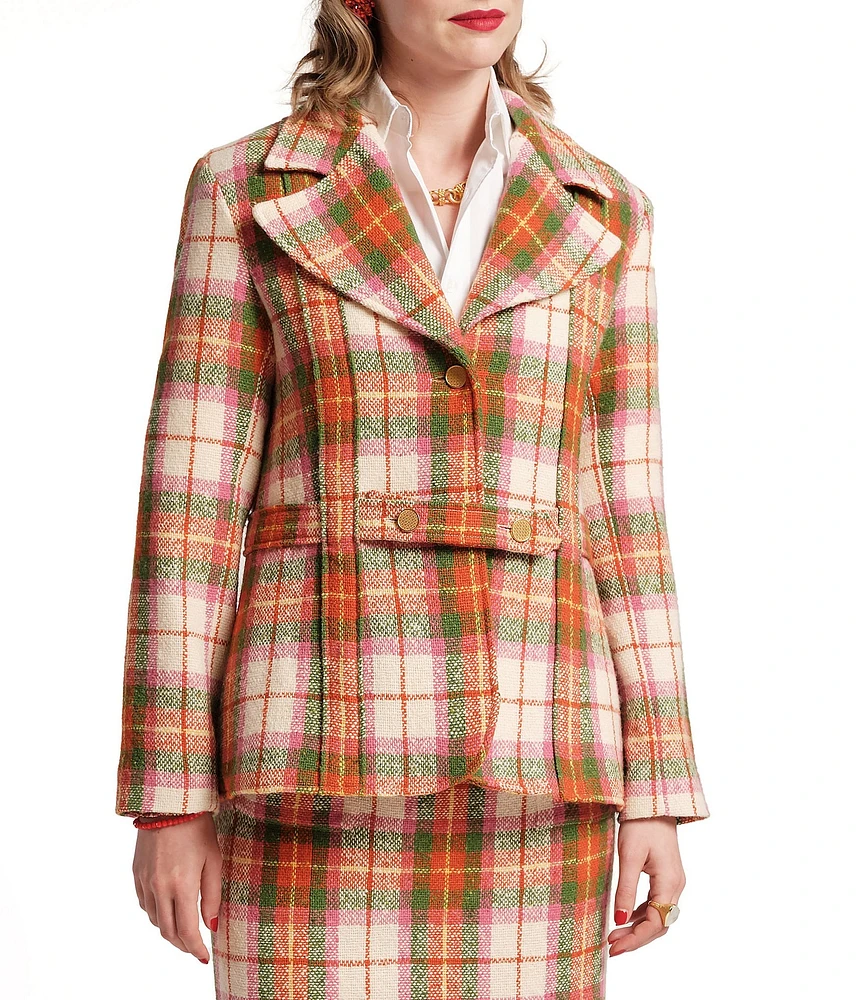 FRANCES VALENTINE Bobby Wool Plaid Print Notch Collar Belt Strap One Button Front Coordinating Blazer