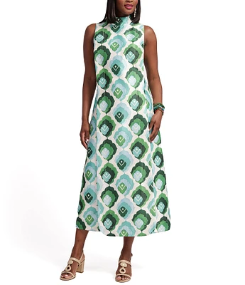 FRANCES VALENTINE Carlyle Dupion Graphic Leaf Mock Neck Sleeveless Midi Dress
