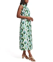 FRANCES VALENTINE Carlyle Dupion Graphic Leaf Mock Neck Sleeveless Midi Dress