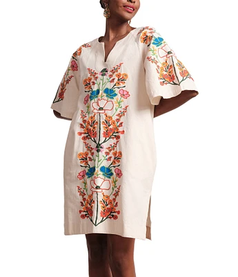 FRANCES VALENTINE Charming Botanical Embroidery V-Neck Elbow Sleeve Caftan