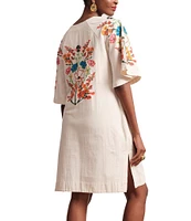 FRANCES VALENTINE Charming Botanical Embroidery V-Neck Elbow Sleeve Caftan