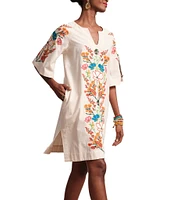 FRANCES VALENTINE Charming Botanical Embroidery V-Neck Elbow Sleeve Caftan