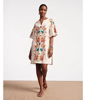 FRANCES VALENTINE Charming Botanical Embroidery V-Neck Elbow Sleeve Caftan