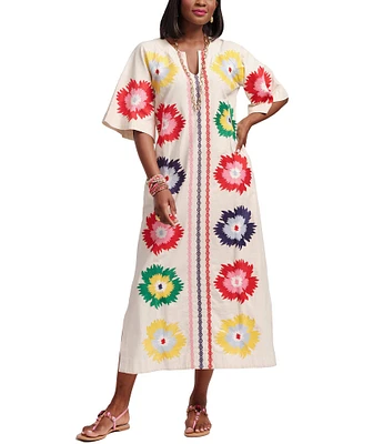 FRANCES VALENTINE Charming Fireflower Print Split U-Neck Short Sleeve Caftan Maxi Dress
