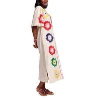 FRANCES VALENTINE Charming Fireflower Print Split U-Neck Short Sleeve Caftan Maxi Dress