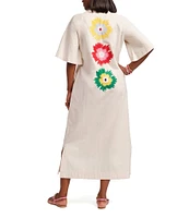 FRANCES VALENTINE Charming Fireflower Print Split U-Neck Short Sleeve Caftan Maxi Dress