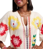 FRANCES VALENTINE Charming Fireflower Print Split U-Neck Short Sleeve Caftan Maxi Dress