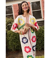 FRANCES VALENTINE Charming Fireflower Print Split U-Neck Short Sleeve Caftan Maxi Dress