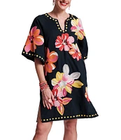 FRANCES VALENTINE Charming Floral Print Split Scoop Neck 3/4 Sleeve Dress