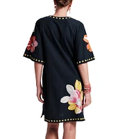 FRANCES VALENTINE Charming Floral Print Split Scoop Neck 3/4 Sleeve Dress