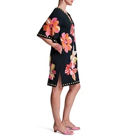 FRANCES VALENTINE Charming Floral Print Split Scoop Neck 3/4 Sleeve Dress