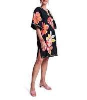 FRANCES VALENTINE Charming Floral Print Split Scoop Neck 3/4 Sleeve Dress