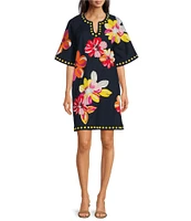 FRANCES VALENTINE Charming Floral Print Split Scoop Neck 3/4 Sleeve Dress