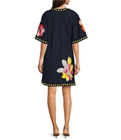 FRANCES VALENTINE Charming Floral Print Split Scoop Neck 3/4 Sleeve Dress