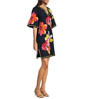 FRANCES VALENTINE Charming Floral Print Split Scoop Neck 3/4 Sleeve Dress