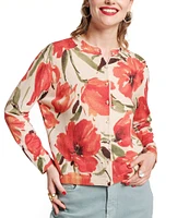 FRANCES VALENTINE Darling Cotton Cashmere Floral Print Crew Neck Long Sleeve Pearl Button Front Cardigan