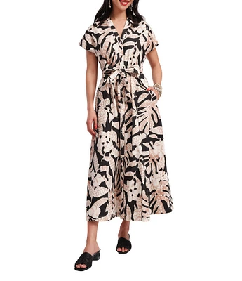 Frances Valentine Eve Sketchy Jungle Print Point Collar Short Sleeve Tie Waist Dress