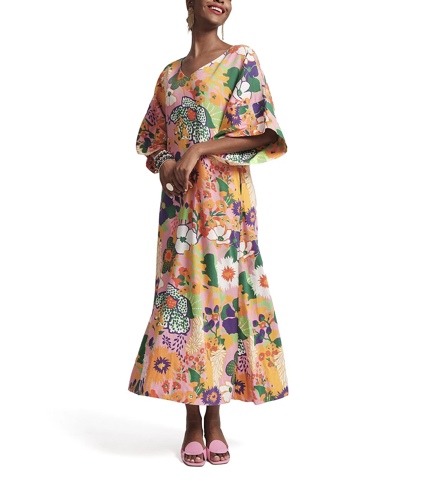 FRANCES VALENTINE Fin And Tonic Botanical Print V-Neck Elbow Sleeve Maxi Dress