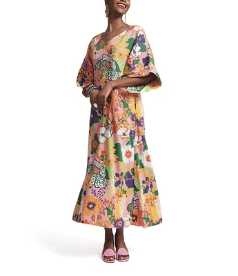 FRANCES VALENTINE Fin And Tonic Botanical Print V-Neck Elbow Sleeve Maxi Dress