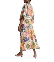 FRANCES VALENTINE Fin And Tonic Botanical Print V-Neck Elbow Sleeve Maxi Dress