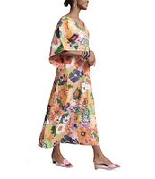 FRANCES VALENTINE Fin And Tonic Botanical Print V-Neck Elbow Sleeve Maxi Dress