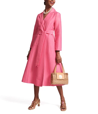 FRANCES VALENTINE Lucille Dupion Notch Lapel Bracelet Sleeve Wrap Midi Dress