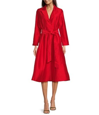 FRANCES VALENTINE Lucille Dupioni Lapel V-Neck Bracelet Sleeve A-Line Wrap Dress