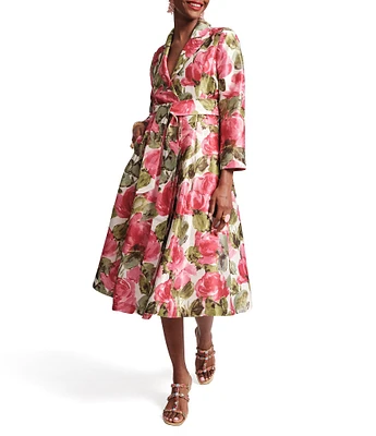 FRANCES VALENTINE Lucille Peonies Notch Lapel Long Sleeve Wrap Midi Dress