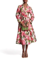 FRANCES VALENTINE Lucille Peonies Notch Lapel Long Sleeve Wrap Midi Dress