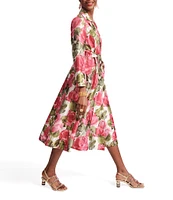 FRANCES VALENTINE Lucille Peonies Notch Lapel Long Sleeve Wrap Midi Dress