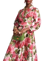 FRANCES VALENTINE Lucille Peonies Notch Lapel Long Sleeve Wrap Midi Dress