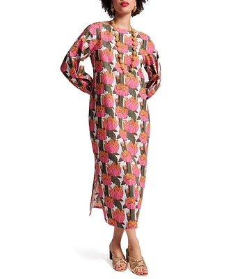 FRANCES VALENTINE Minnow Fireflower Print Boat Neck 3/4 Sleeve Maxi Dress