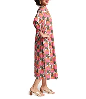 FRANCES VALENTINE Minnow Fireflower Print Boat Neck 3/4 Sleeve Maxi Dress