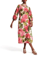 FRANCES VALENTINE Minnow Pretty Peonies Print Boatneck 3/4 Bishop Sleeve Midi Dress