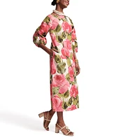 FRANCES VALENTINE Minnow Pretty Peonies Print Boatneck 3/4 Bishop Sleeve Midi Dress