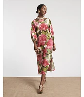 FRANCES VALENTINE Minnow Pretty Peonies Print Boatneck 3/4 Bishop Sleeve Midi Dress
