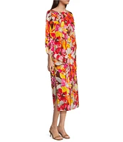 FRANCES VALENTINE Minnow Sun Flower Boat Neck 3/4 Sleeve Midi Dress