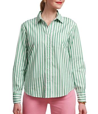 FRANCES VALENTINE Perfect Button Down Poplin Stripe Point Collar Long Sleeve Top