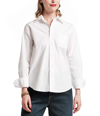 FRANCES VALENTINE Perfect Woven Point Collar Long Sleeve Embroidered Button Down Shirt