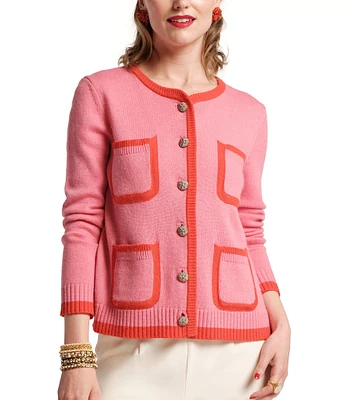 FRANCES VALENTINE Pierre Merino Wool Colorblock Symmetrical Pocket Button Front Cardigan