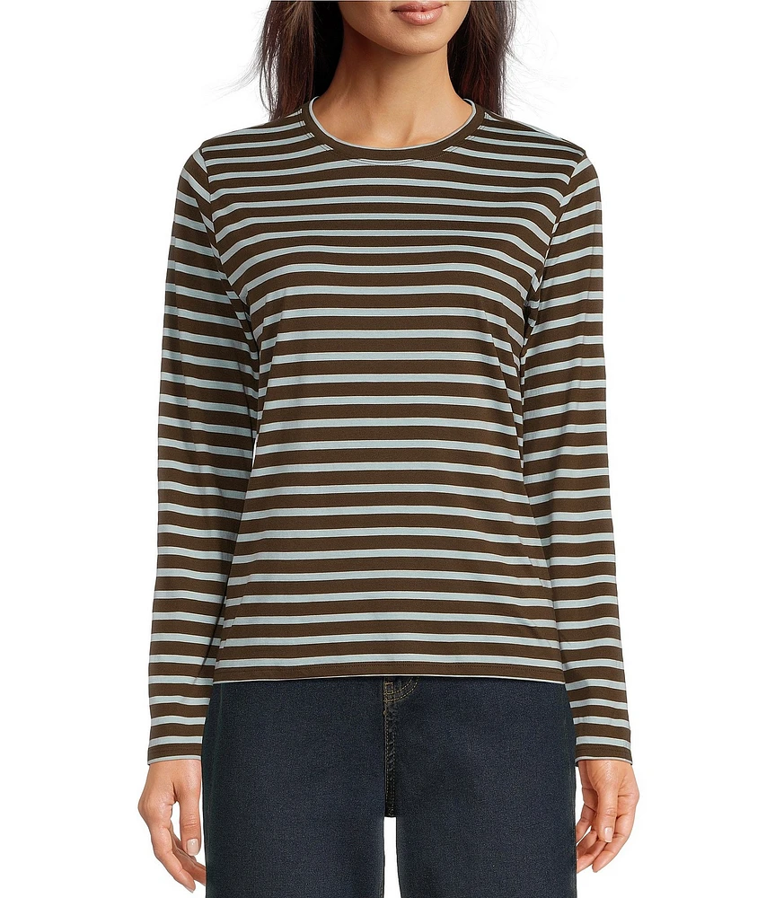 FRANCES VALENTINE Tonal Pima Cotton Crew Neck Long Sleeve Stripe Print Tee Shirt