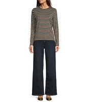 FRANCES VALENTINE Tonal Pima Cotton Crew Neck Long Sleeve Stripe Print Tee Shirt